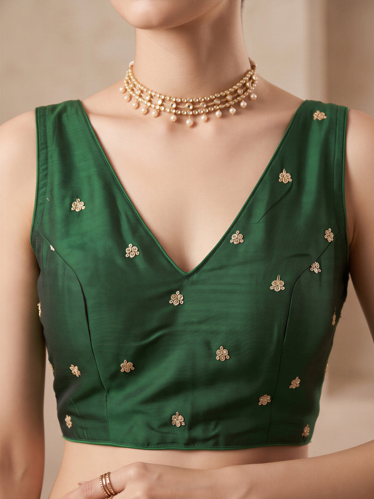 Green sequin embellished vichitra silk sleeveless readymade saree blouse with v neck view 4