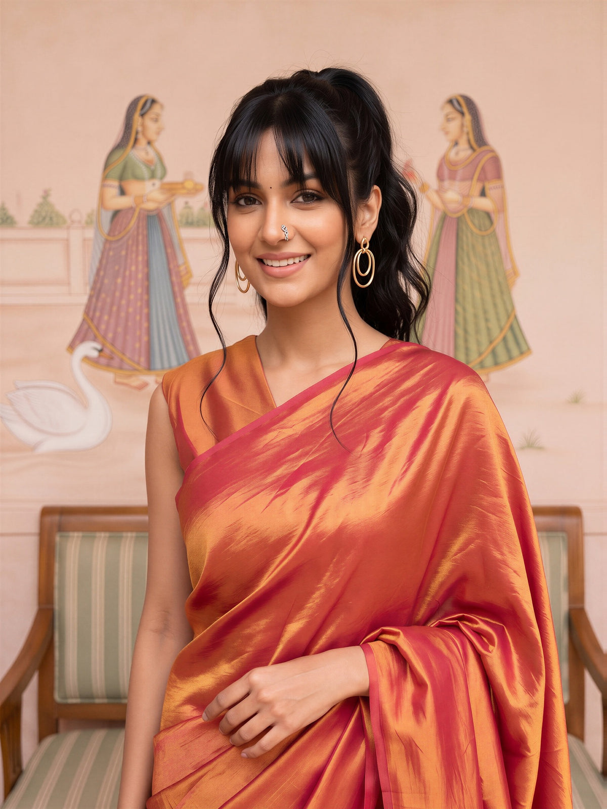 Orange Vichitra Silk saree – detail view 4