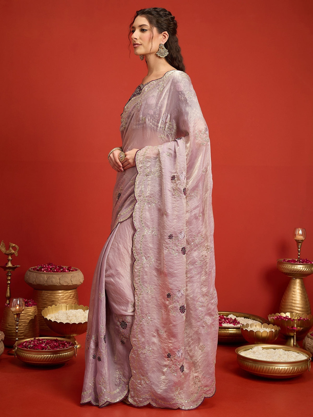 Lavender Satin Silk saree – detail view 1