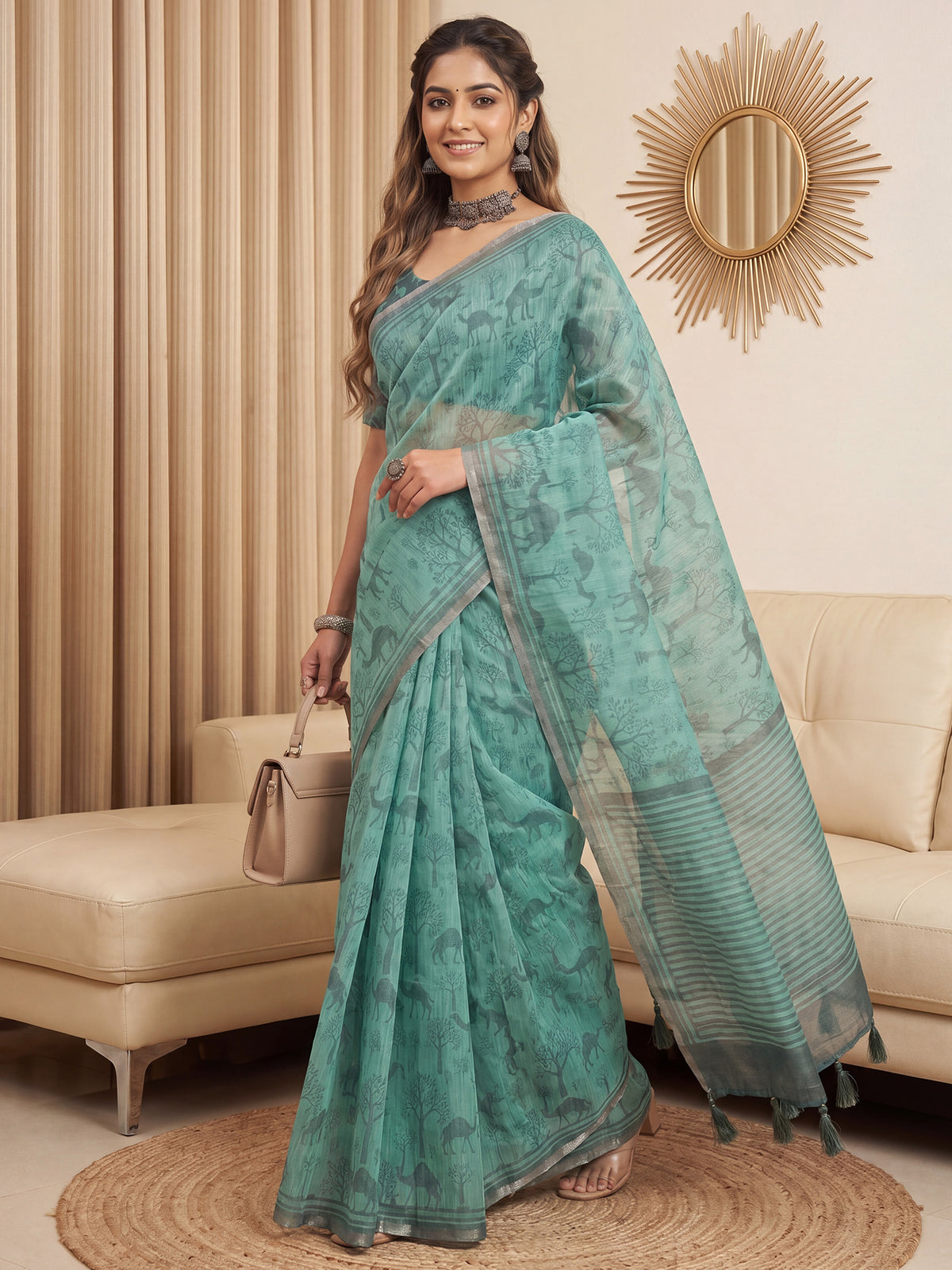 Turquoise Cotton Linen saree – detail view 2