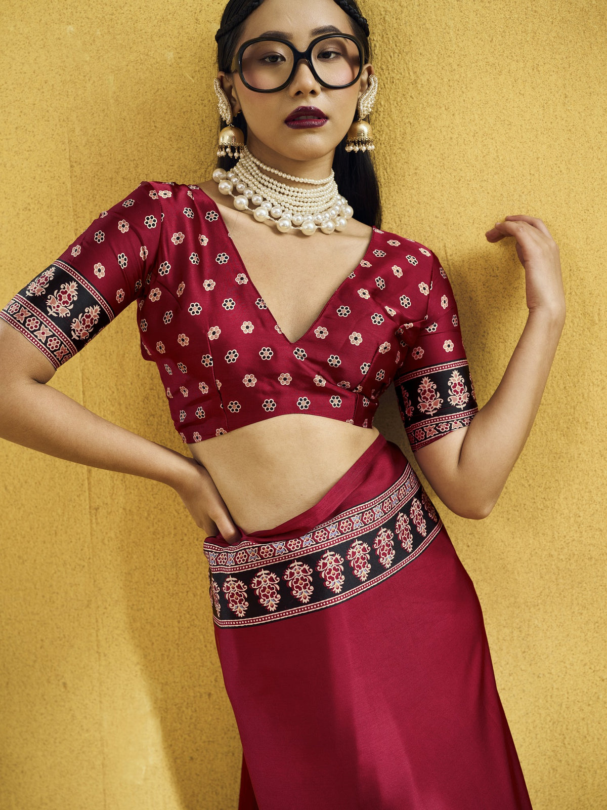 Maroon satin saree view 3
