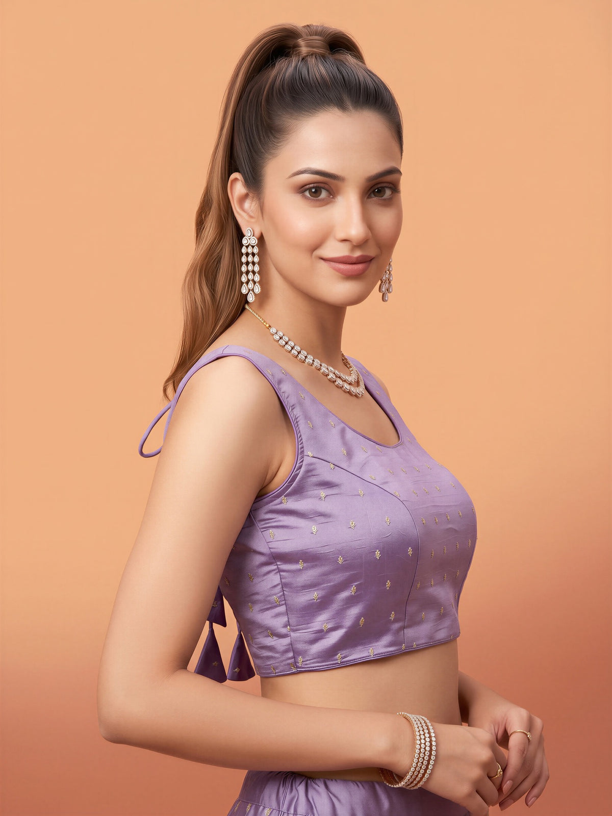 Lavender sequin embellished silk blend sleeveless readymade saree blouse with round neck view 2