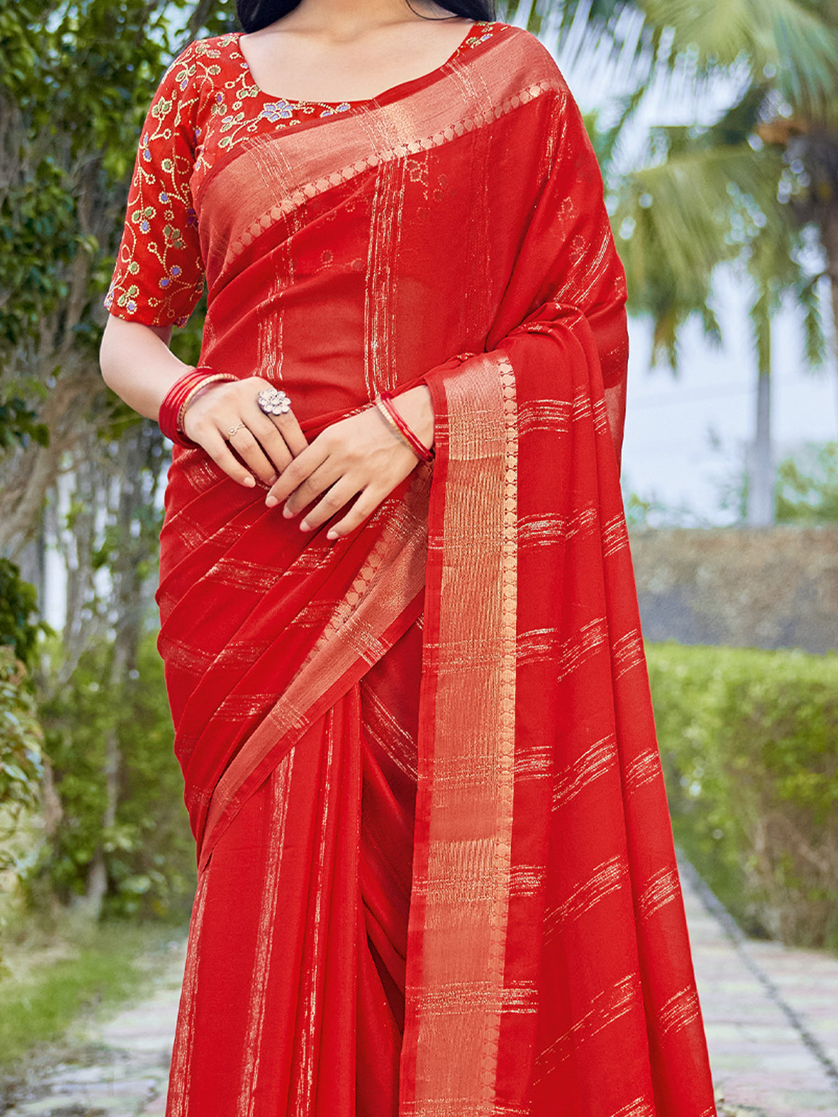 Red Georgette saree – detail view 3