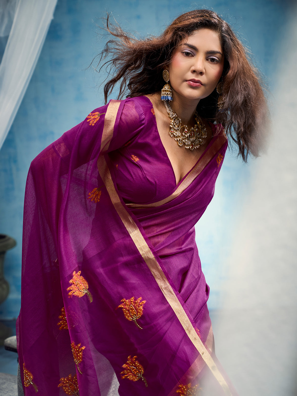 Magenta Muga Cotton saree – detail view 4