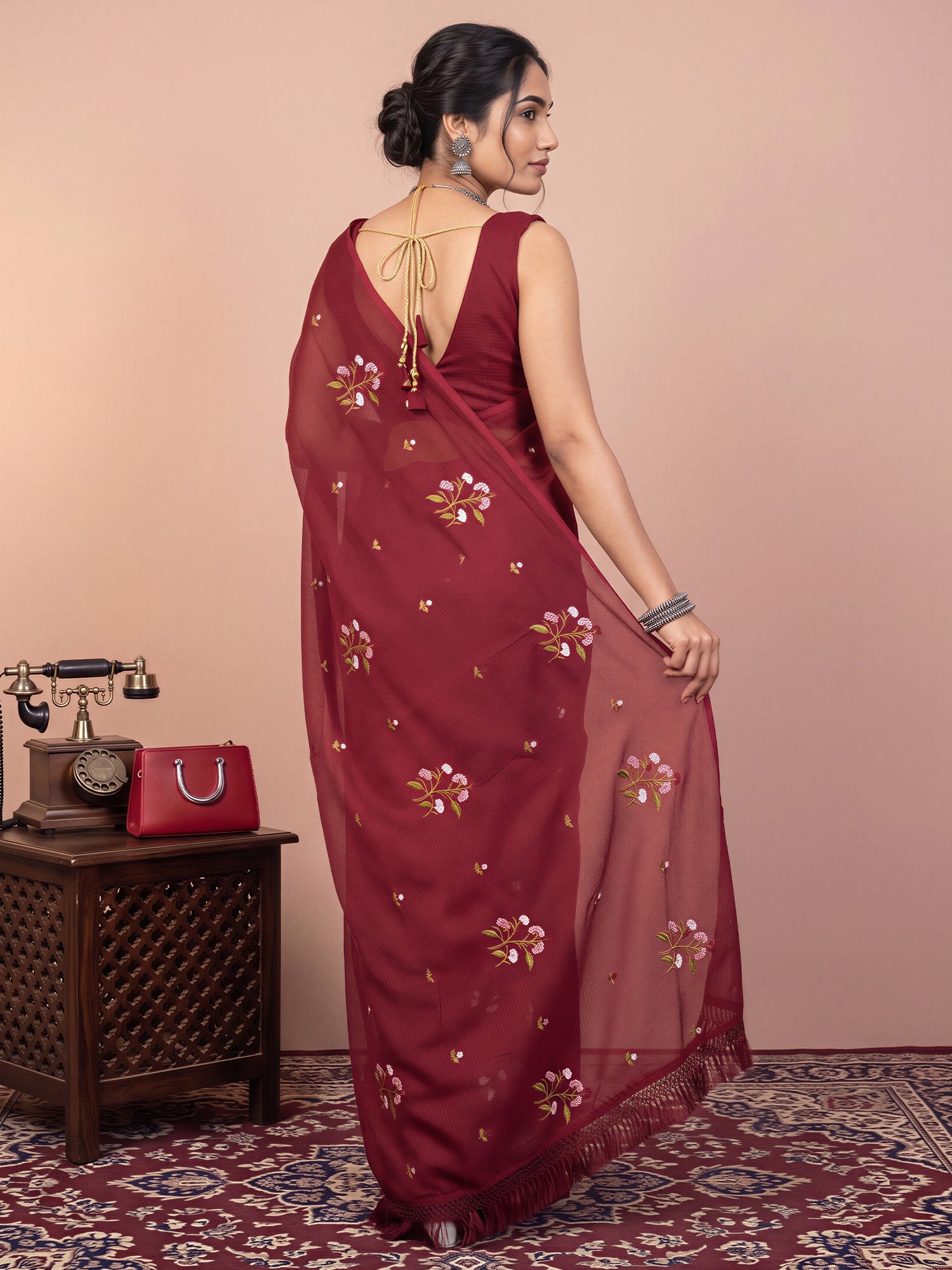 Maroon Kota Doria Cotton saree – detail view 1