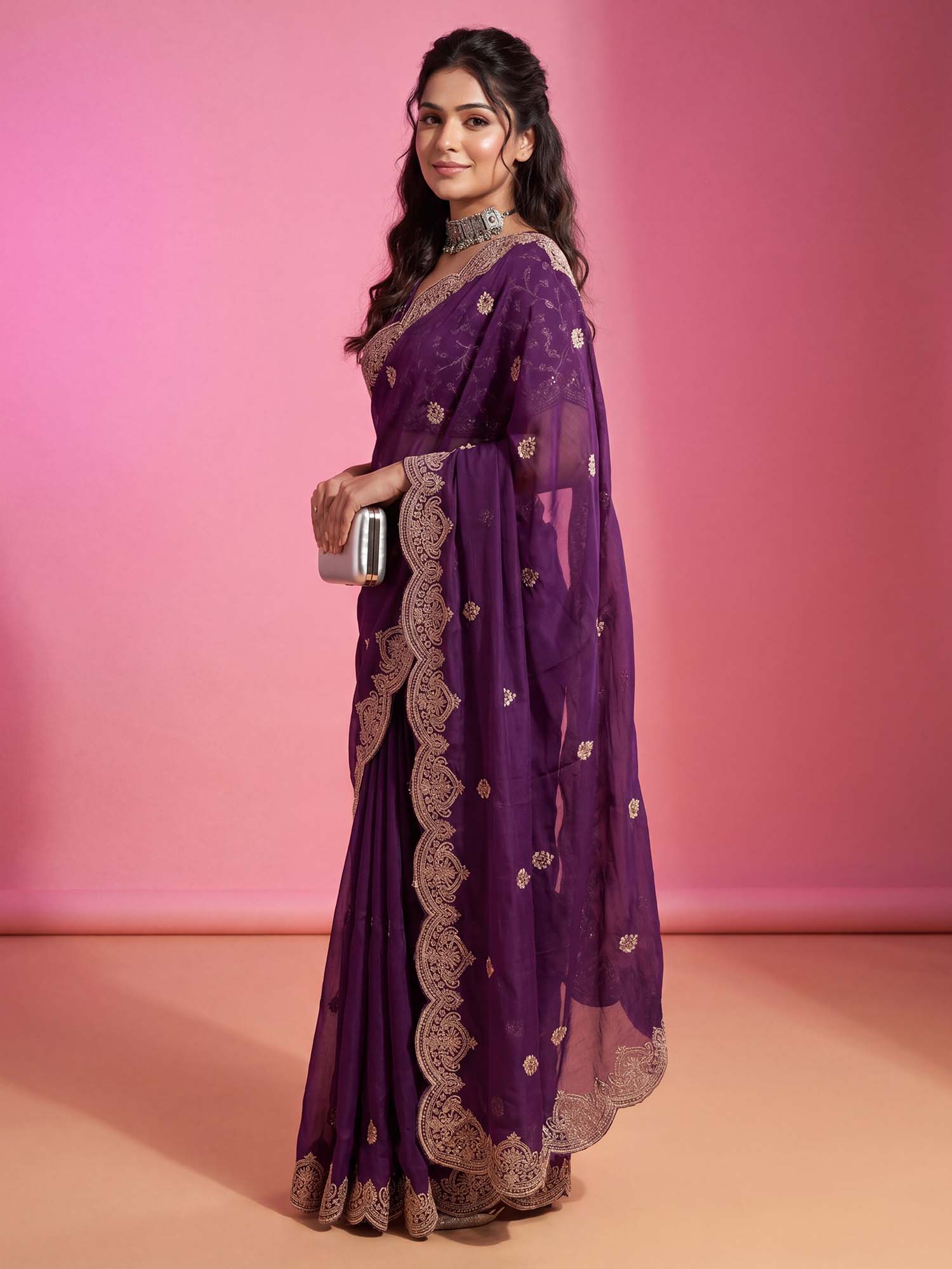 Purple Georgette saree – detail view 2