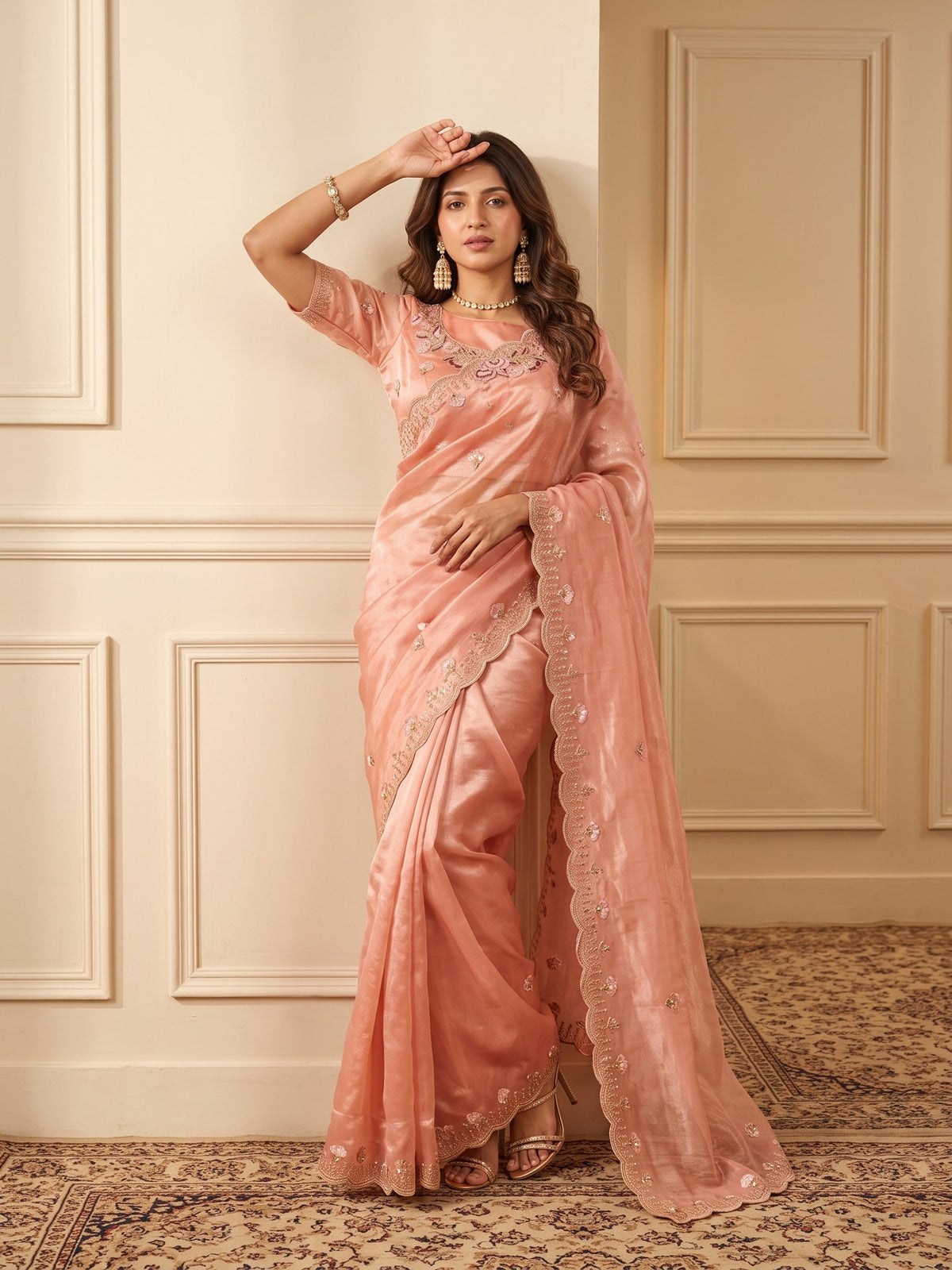 Peach Organza saree – detail view 4