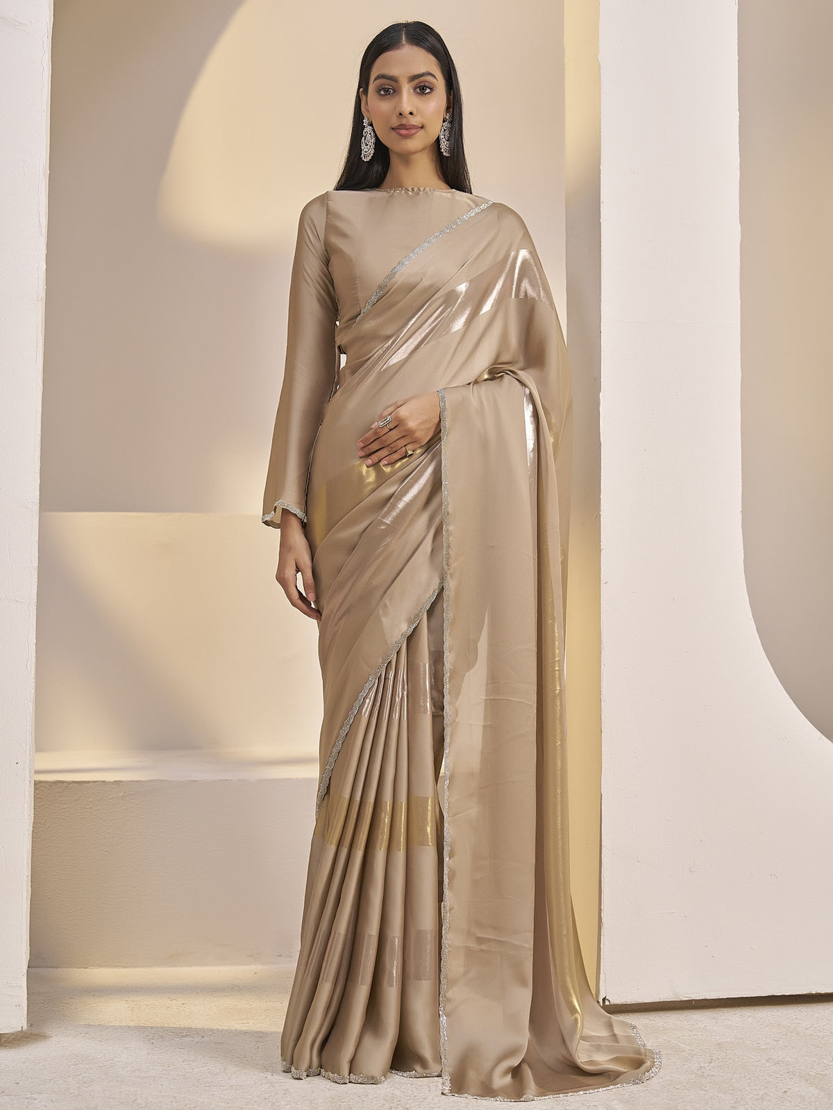 Metallic satin silk saree view 1