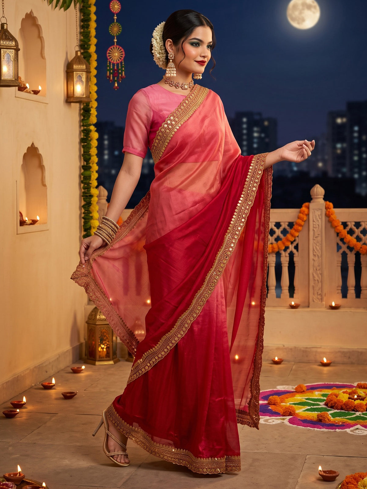 Red Satin saree – detail view 4