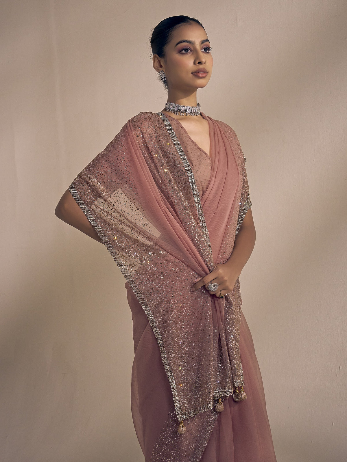 Rose Gold chiffon saree view 4