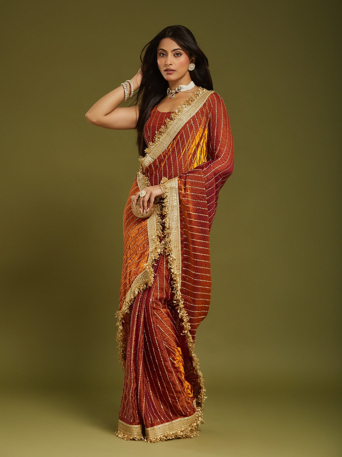 Orange Satin saree – detail view 2