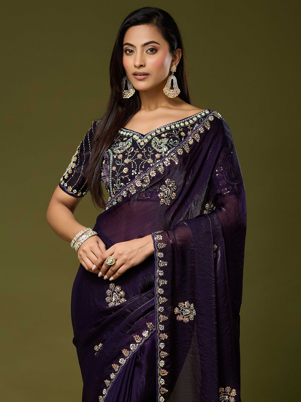 Purple Satin Silk saree – detail view 4