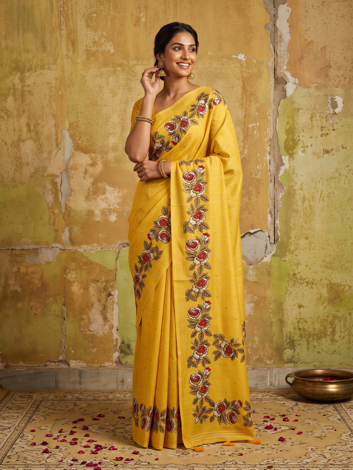 Woman wearing yellow dola silk saree with zari butta (metallic motif) work and yellow blouse