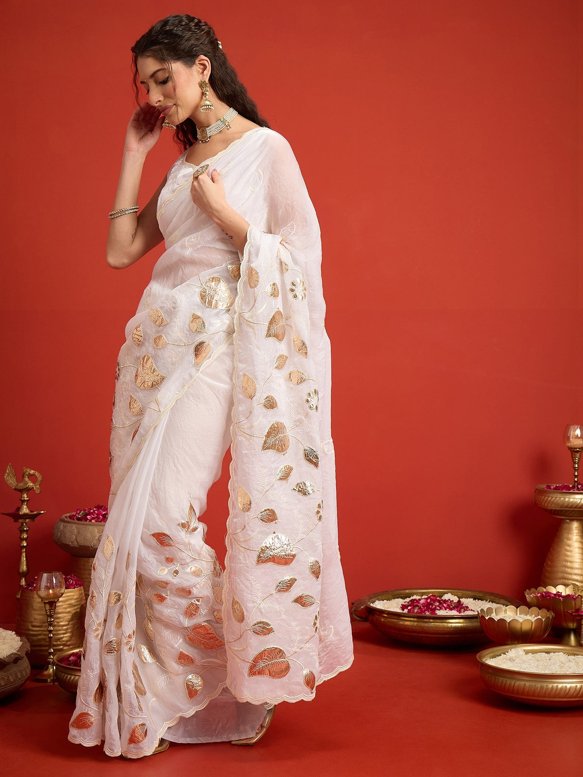 White Satin Silk saree – detail view 1