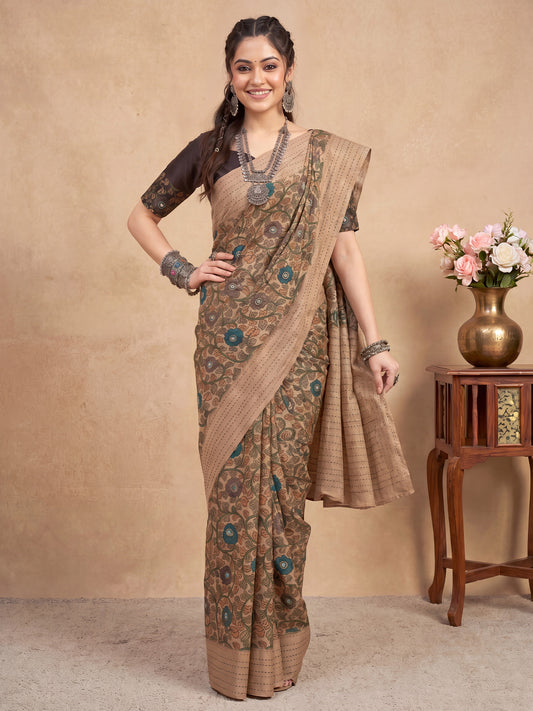 Woman wearing beige silk blend saree with kalamkari narrative motif work and black blouse