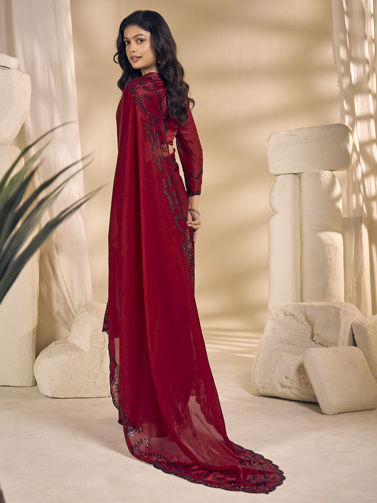 Red satin silk saree view 4