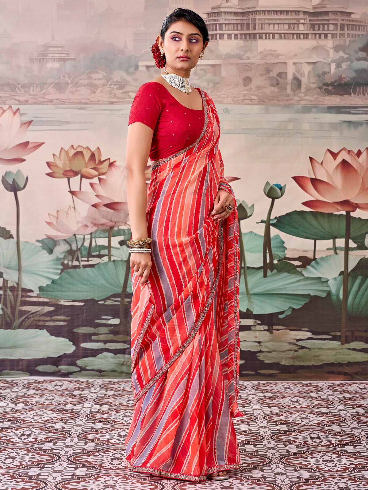 Peach Georgette saree – detail view 1