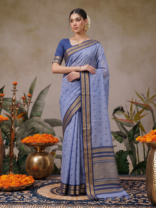 Light Blue woven design cotton blend saree with navy blue blouse piece