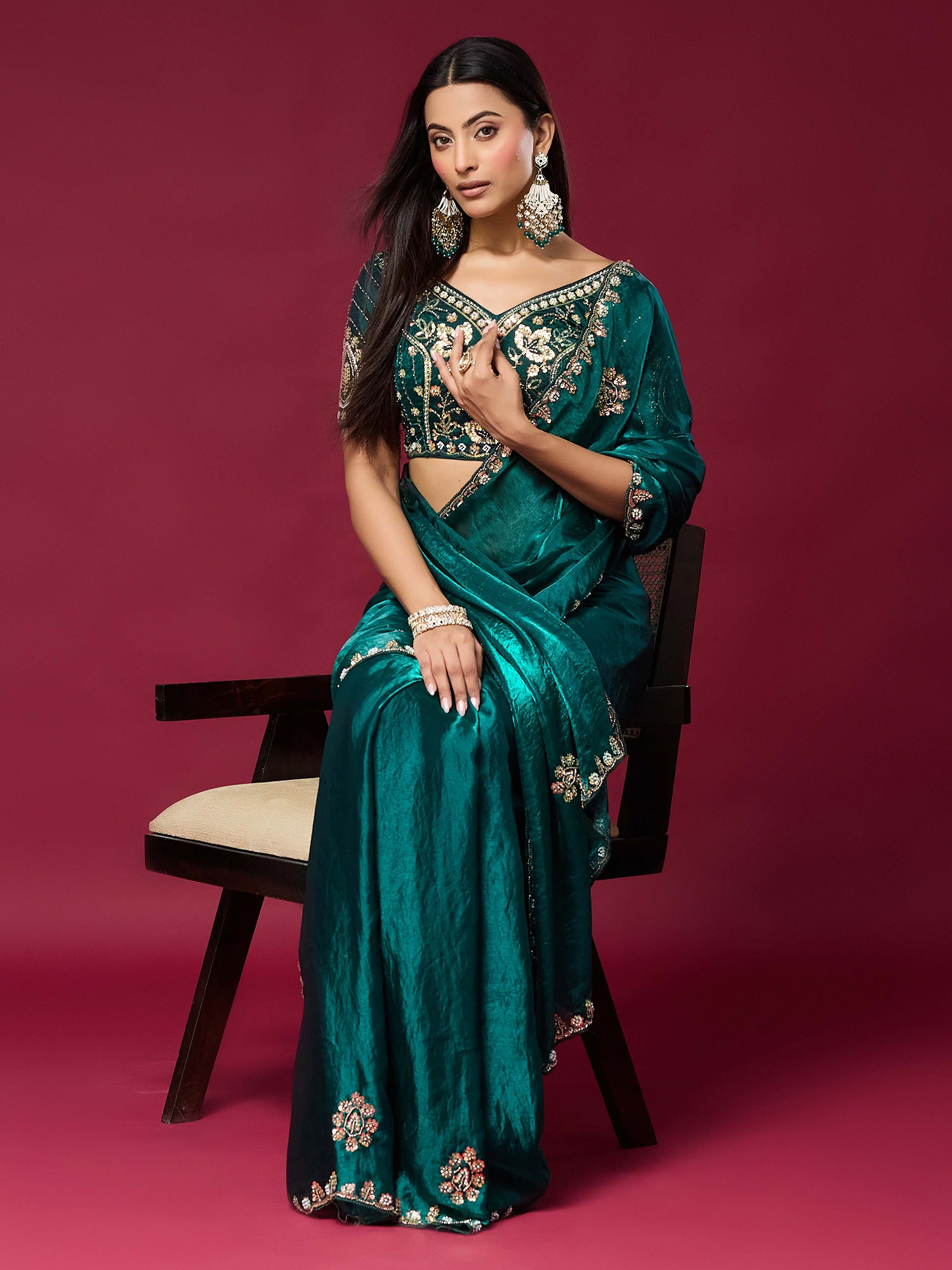 Teal Green Satin Silk saree – detail view 3