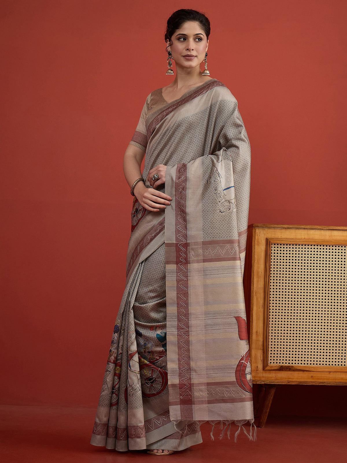 Beige art silk saree view 4