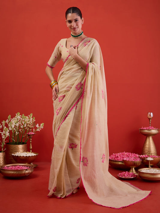 Woman wearing off white chanderi cotton ready to wear saree with all-over floral design and off white blouse