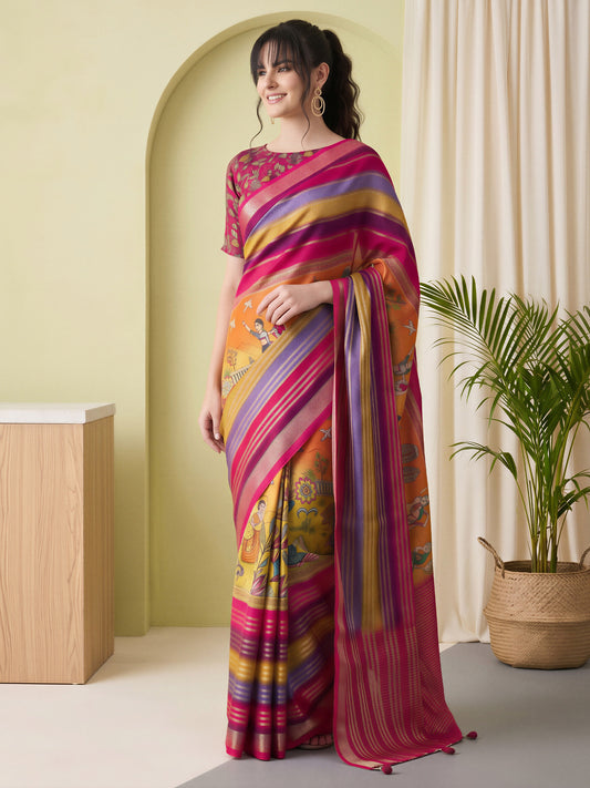 Woman wearing pink viscose silk saree with kalamkari narrative motif work and pink blouse