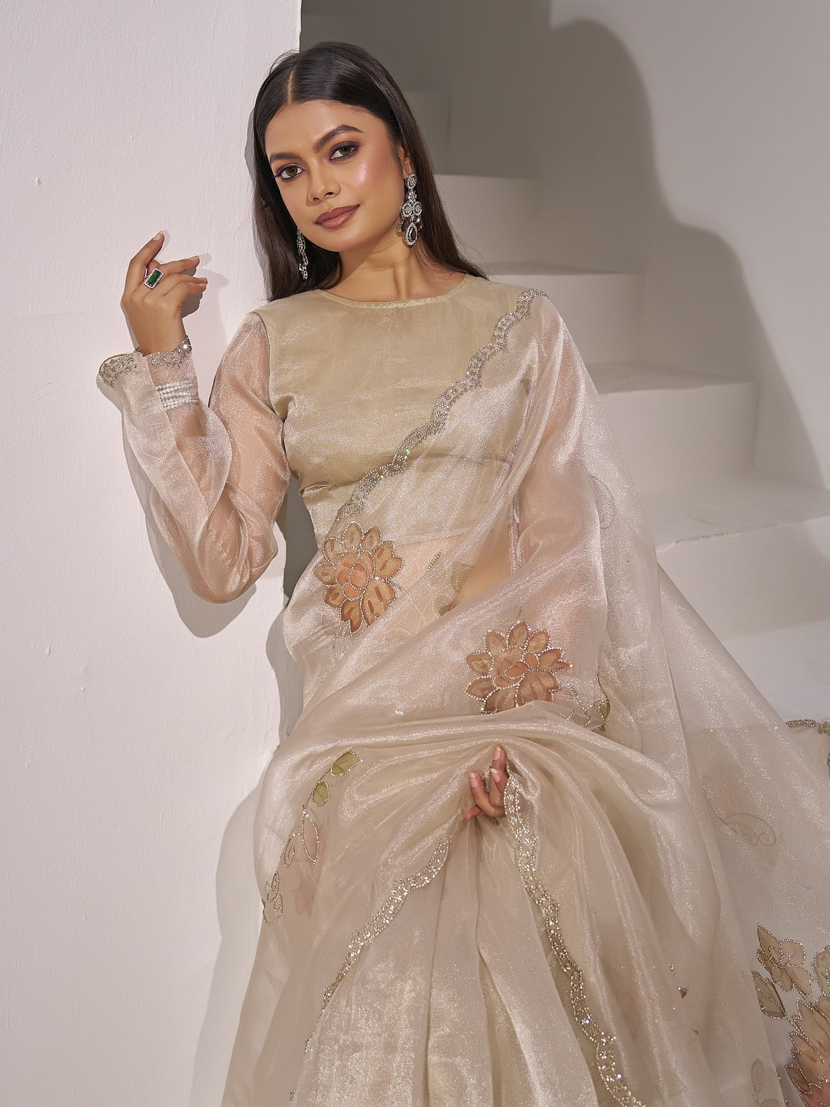 Champagne organza saree view 2