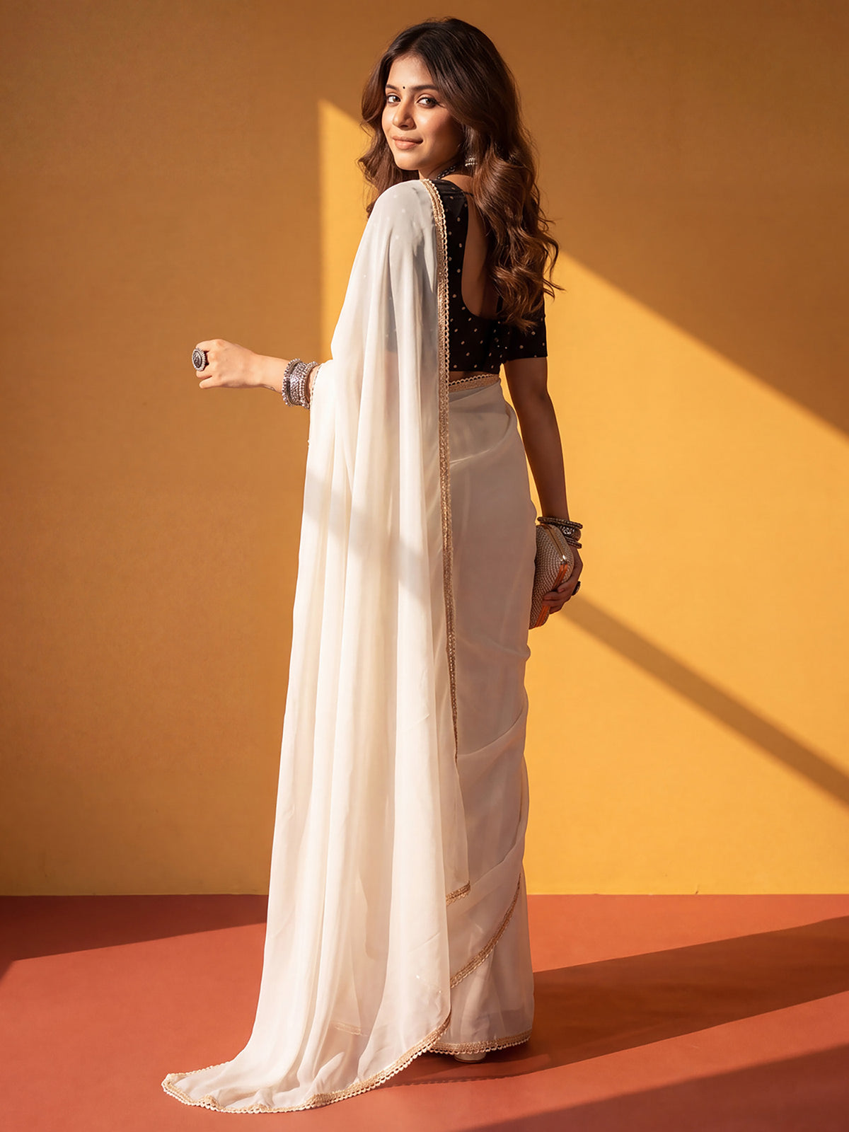 White Georgette saree – detail view 1