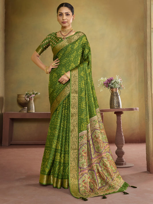 Olive ethnic motif tussar silk saree with olive blouse piece