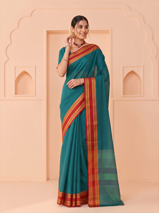 Teal Blue solid cotton blend saree with teal blue blouse piece