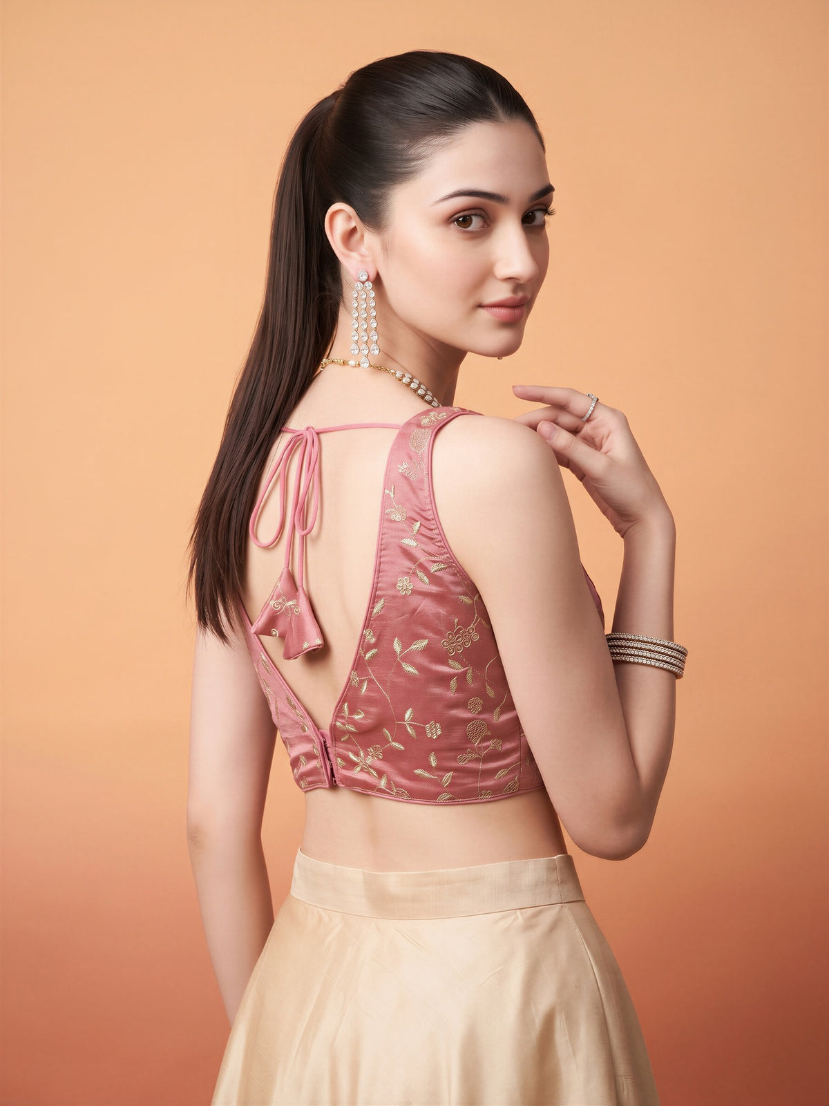 Rose Gold sequin embellished silk blend sleeveless readymade saree blouse with v neck view 1