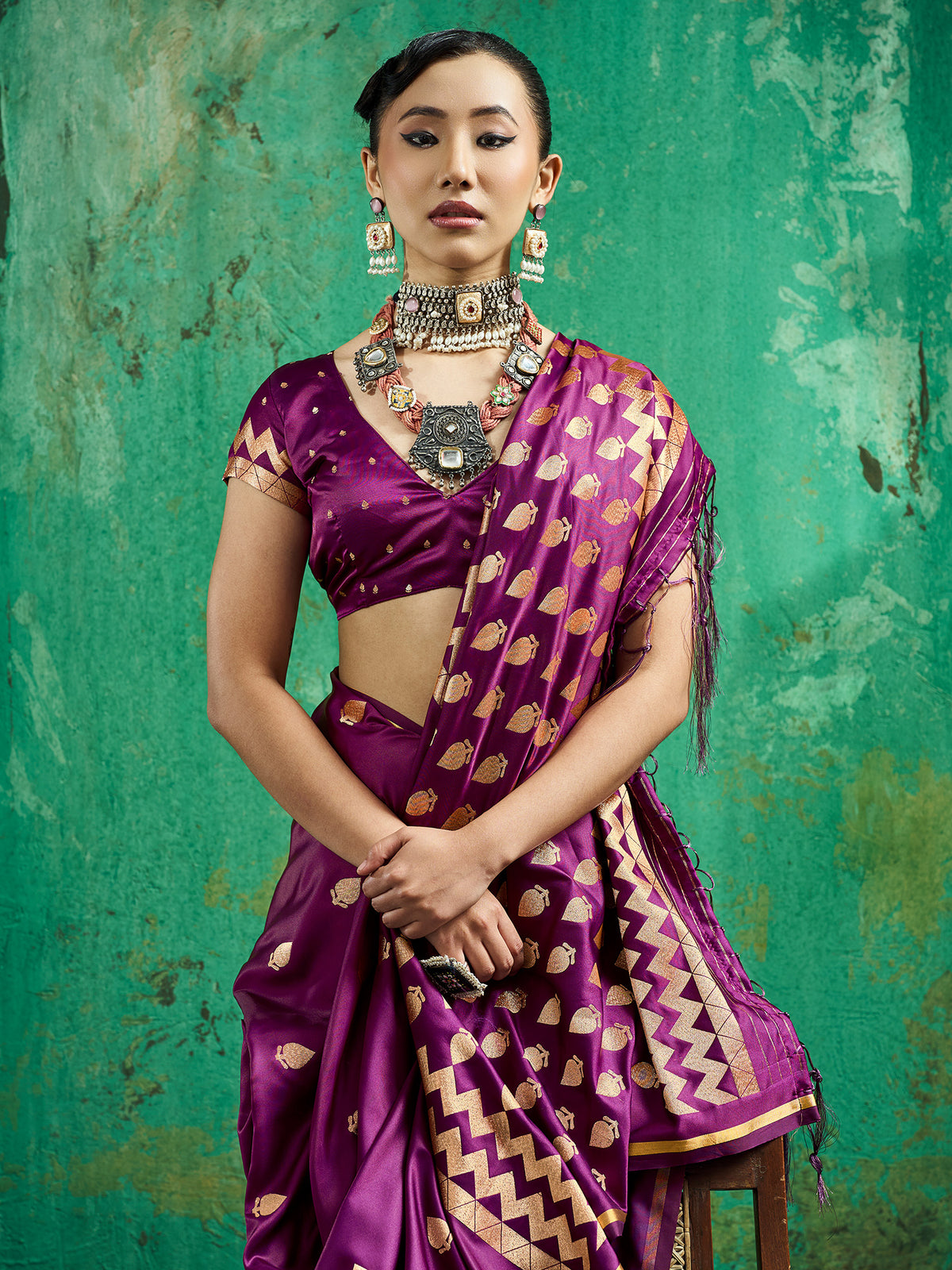 Wine Satin Silk saree – detail view 3