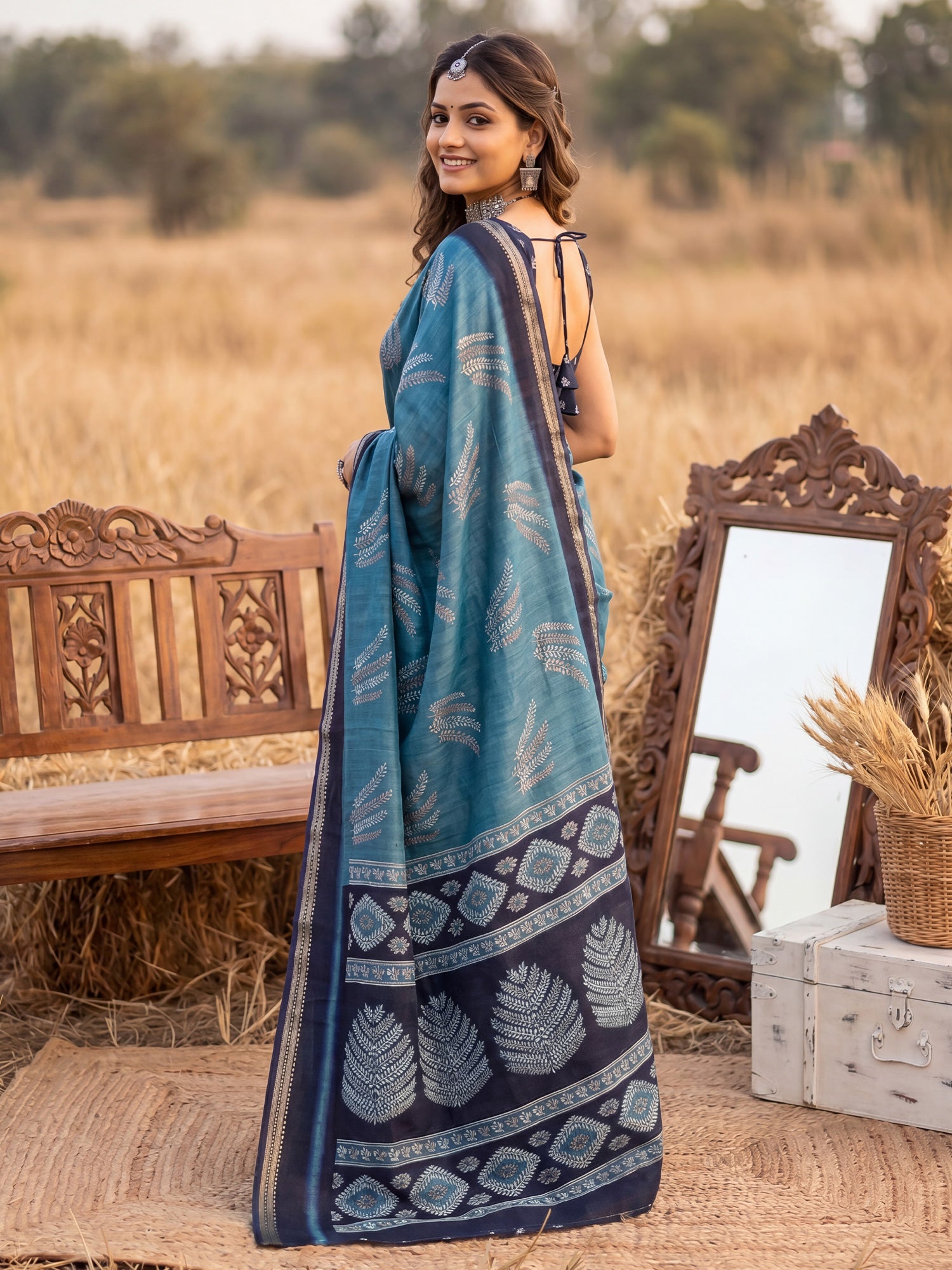 Light Blue Tussar Silk saree – detail view 1