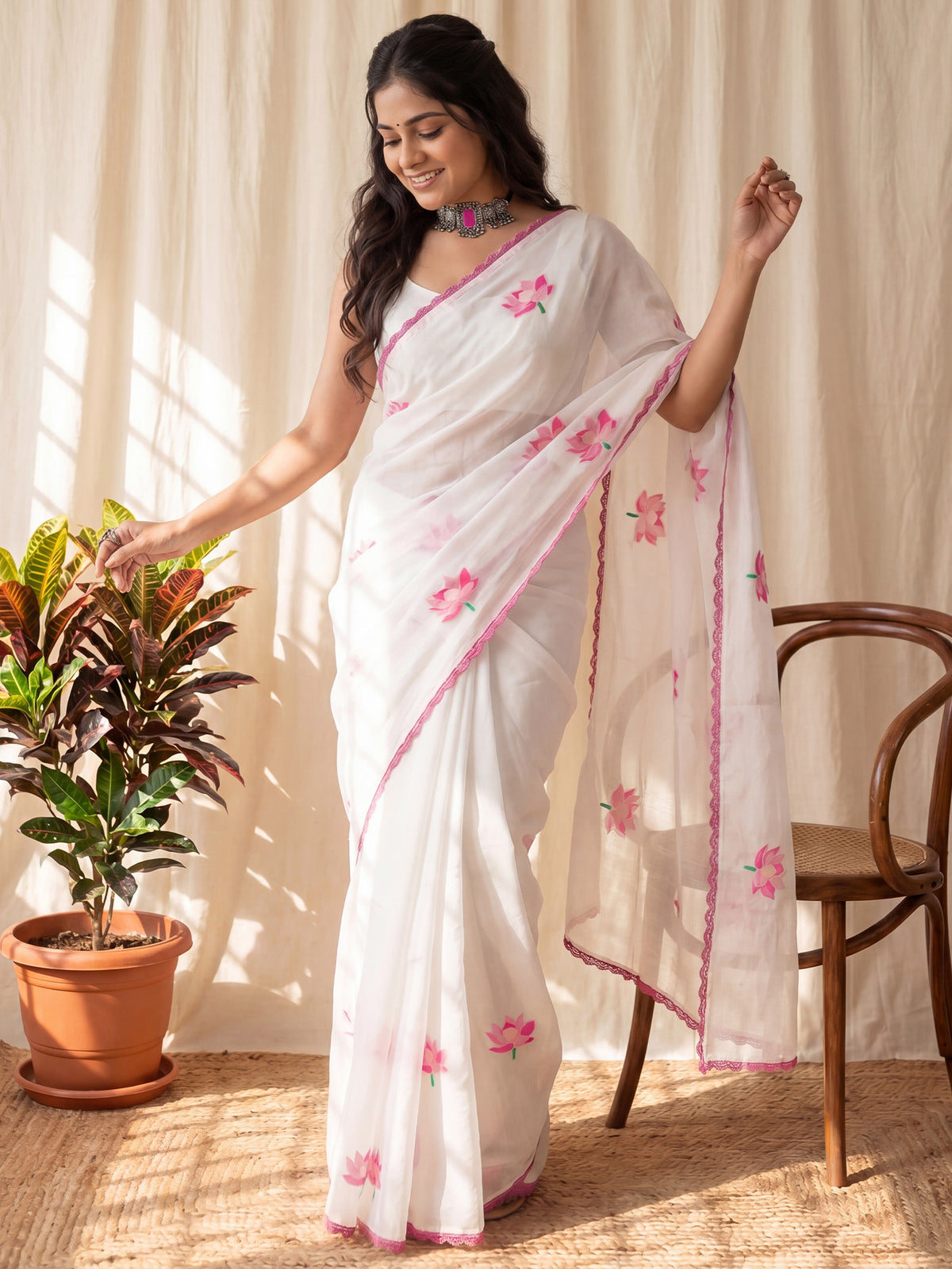 White Chanderi Cotton saree – detail view 3