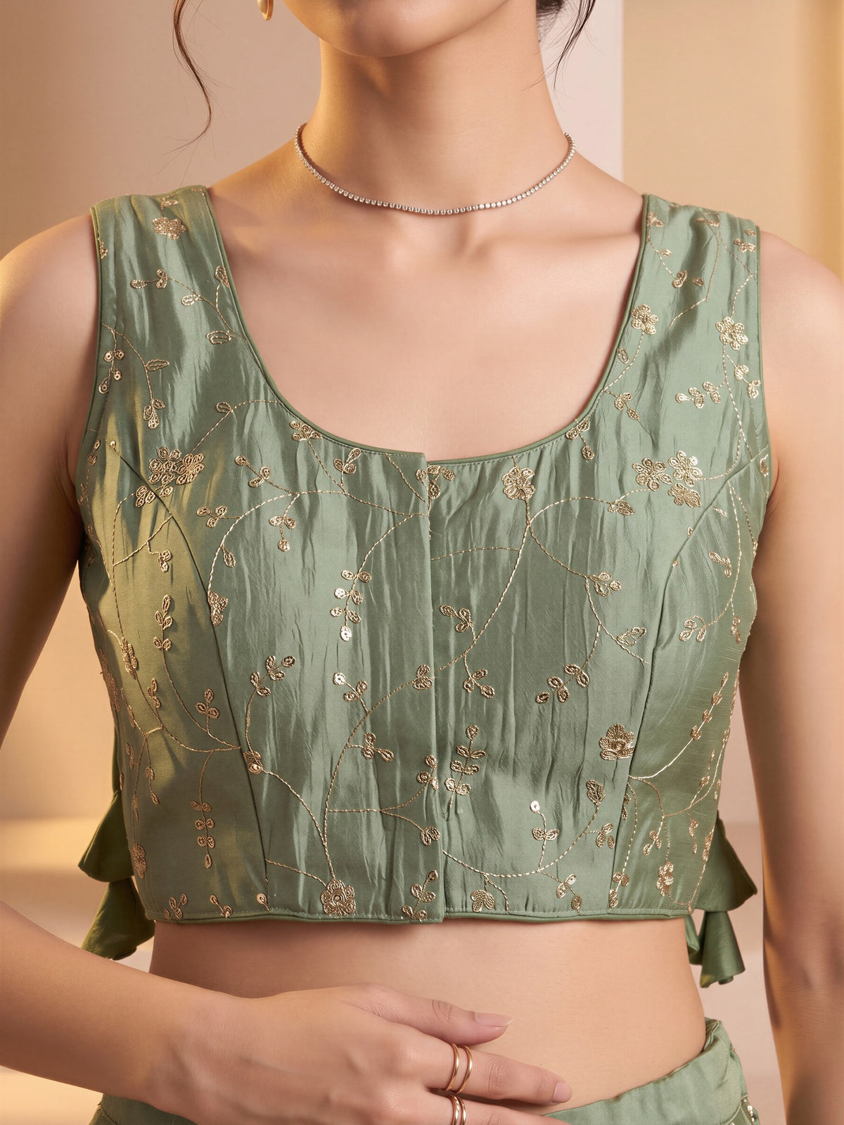 Sea Green sequin embroidered vichitra silk sleeveless readymade saree blouse with round neck view 4