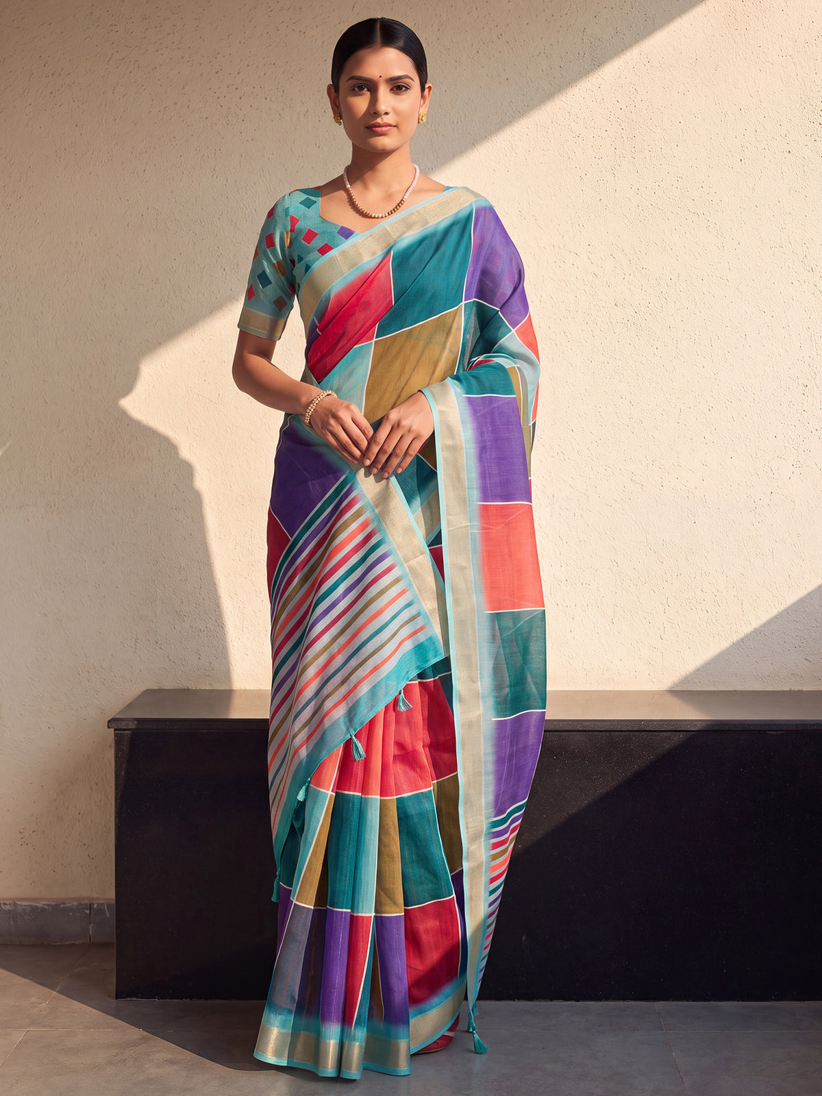Multicolored Linen saree – detail view 3
