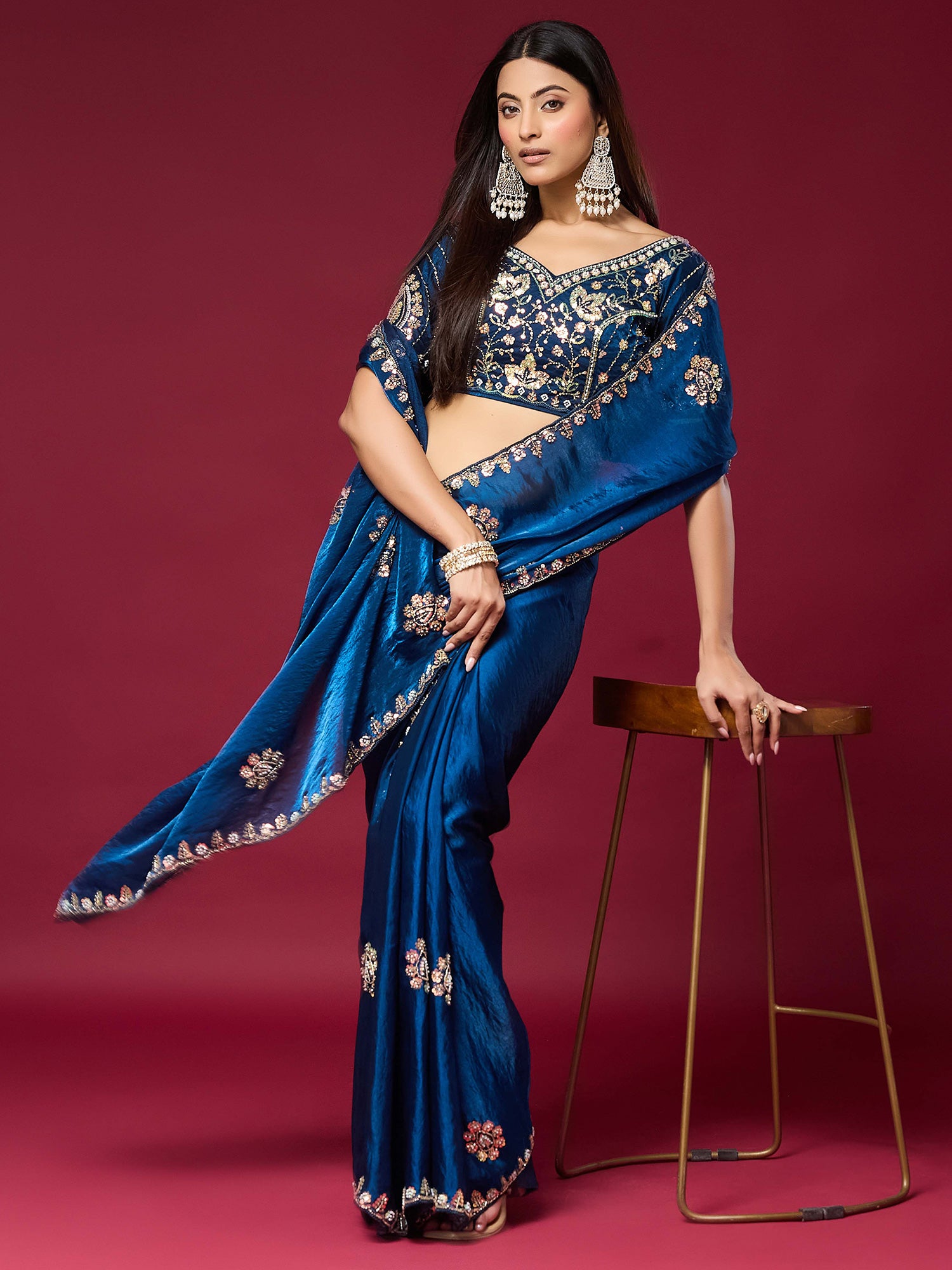 Teal Blue Satin Silk saree – detail view 3