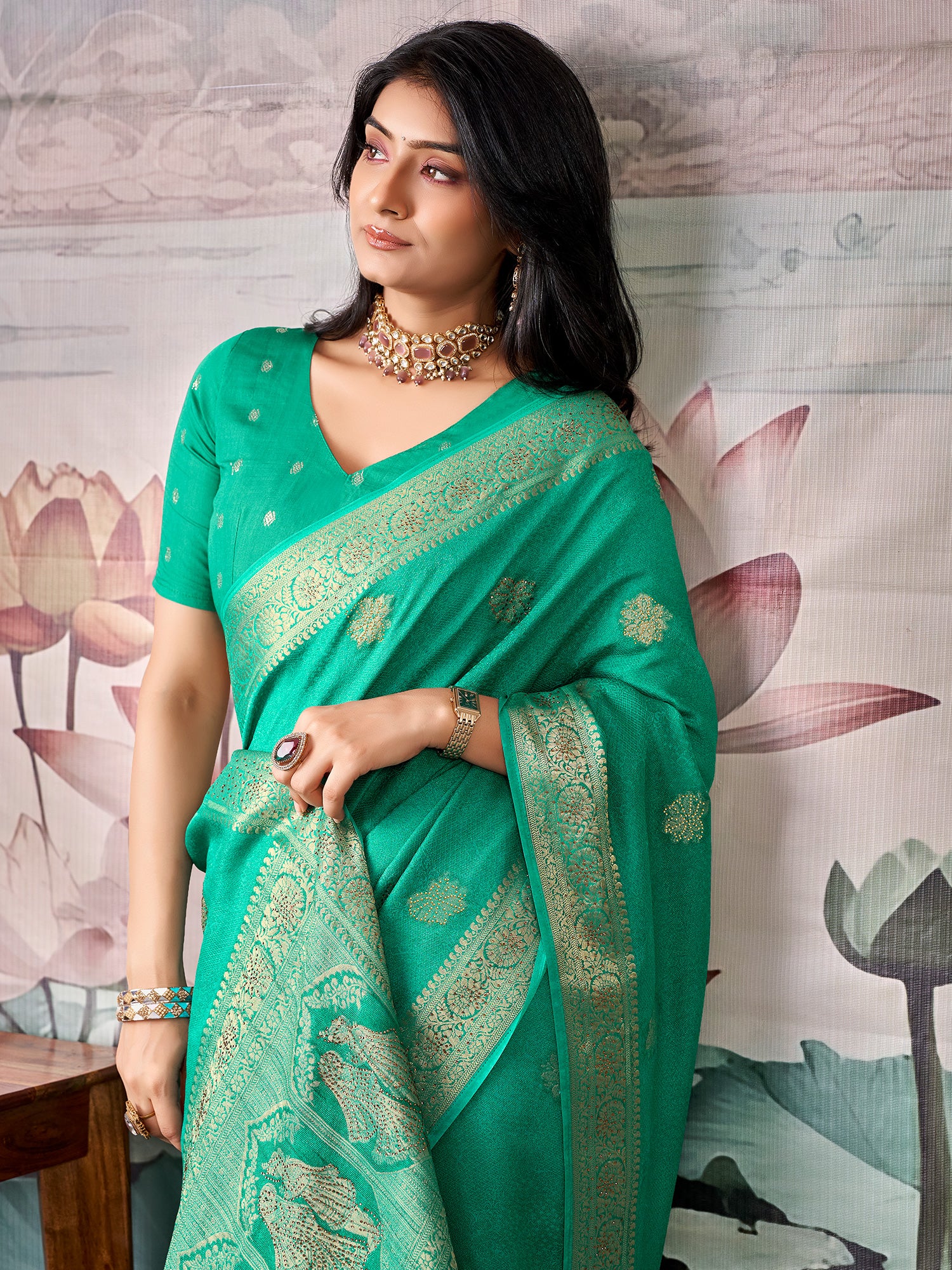 Teal Green Georgette saree – detail view 3