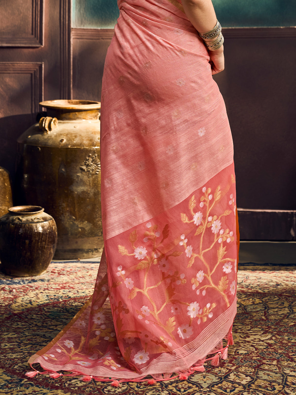 Peach Muga Cotton saree – detail view 5