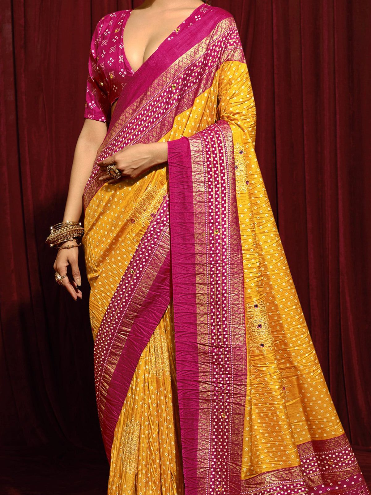 Mustard tussar silk saree view 4