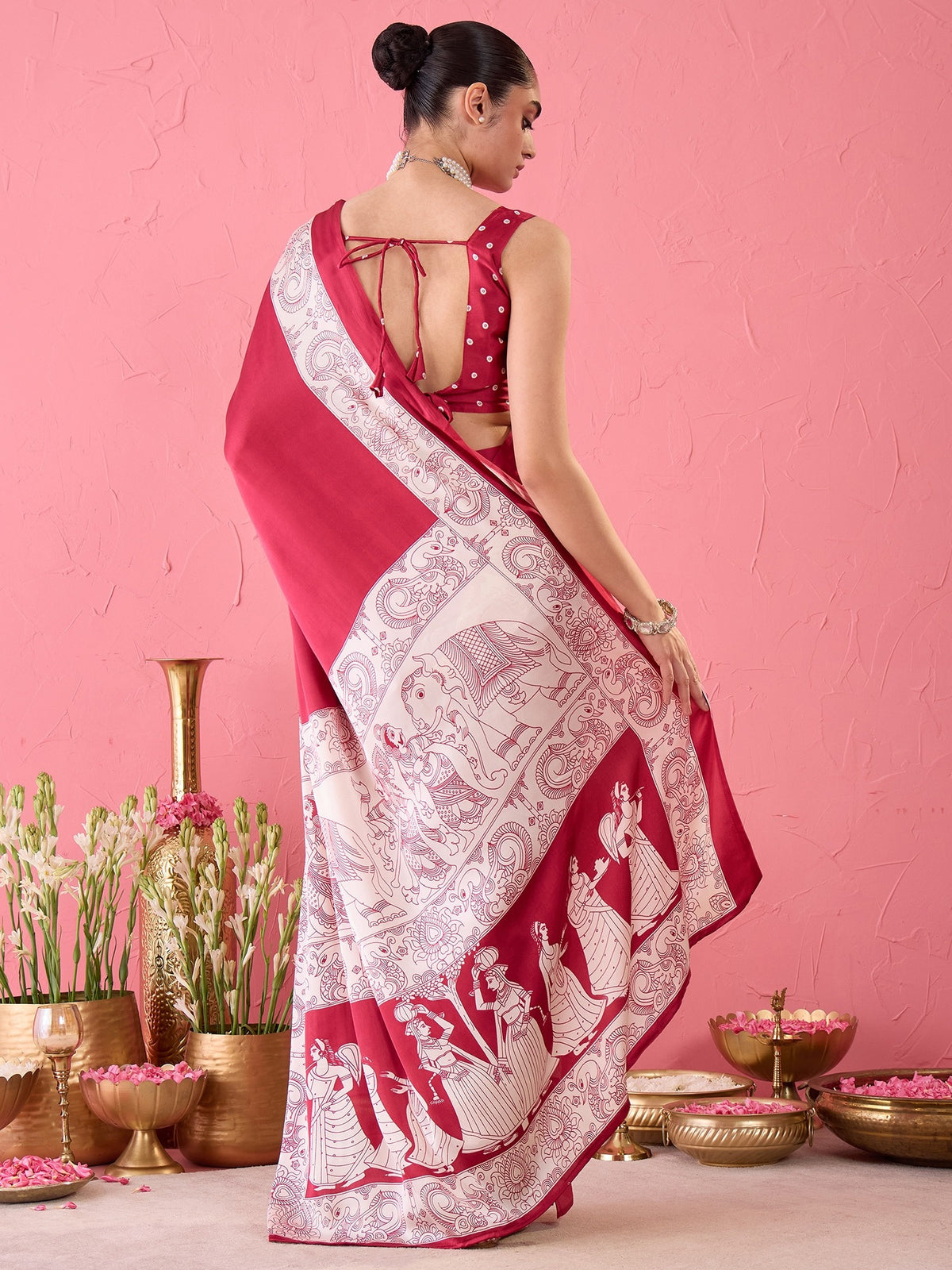 Burgundy Satin saree – detail view 6