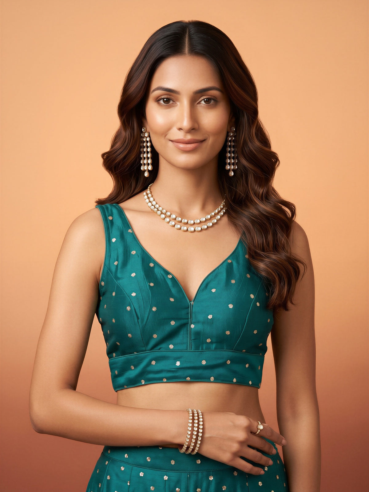 Teal Blue sequin embellished silk blend sleeveless readymade saree blouse with v neck