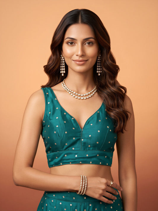 Teal Blue sequin embellished silk blend sleeveless readymade saree blouse with v neck