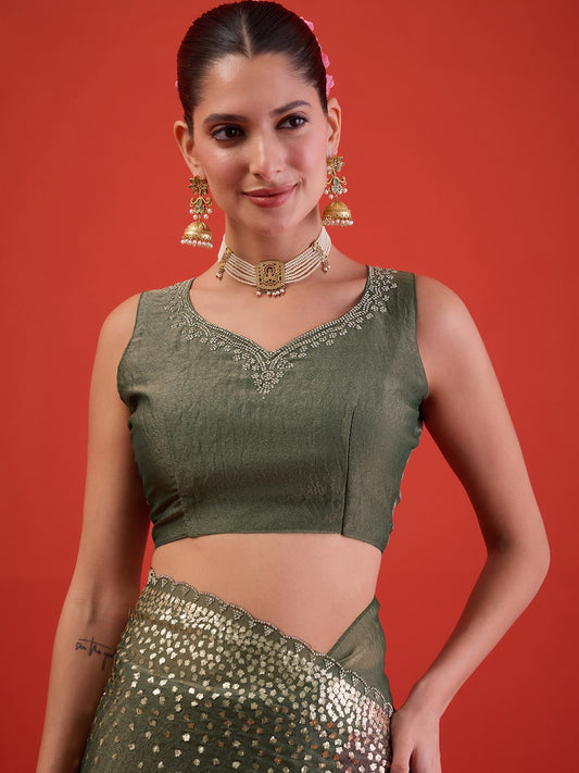 Olive organza saree view 1