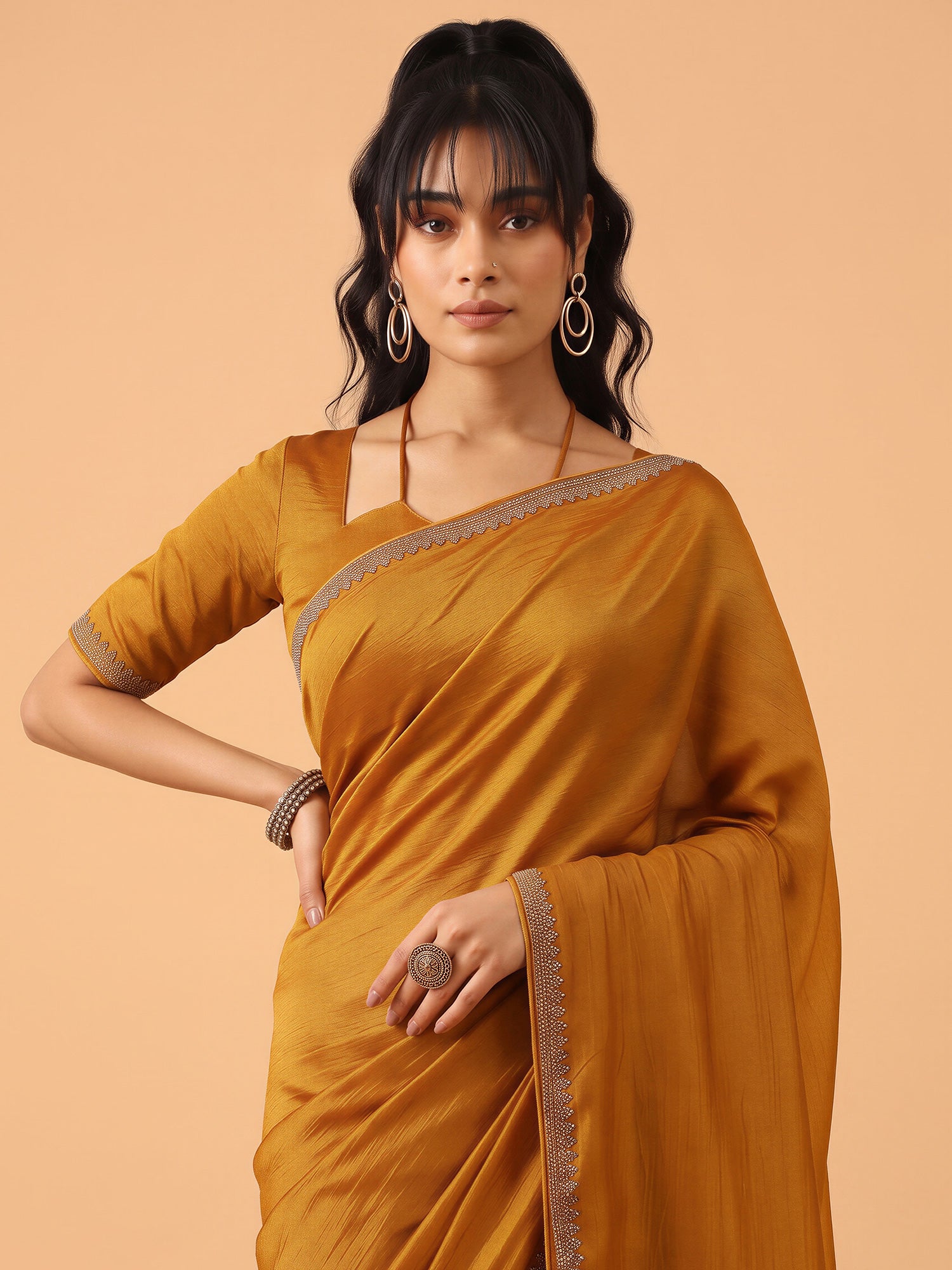 Mustard Satin Silk saree – detail view 4