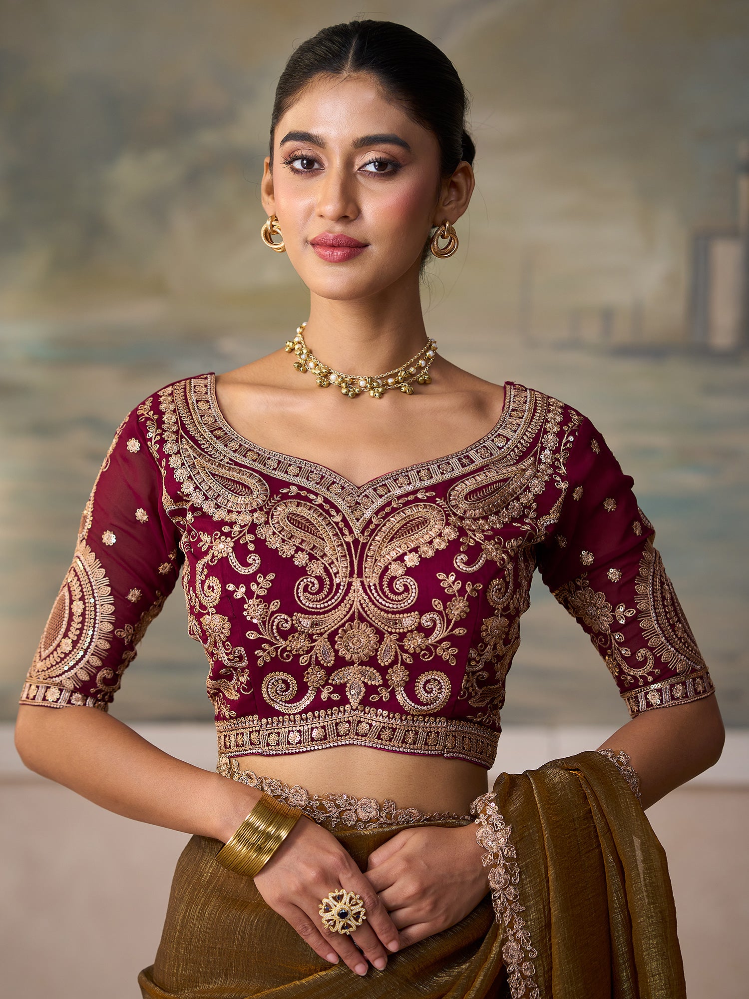 Unstitched burgundy georgette blouse piece with embellished design