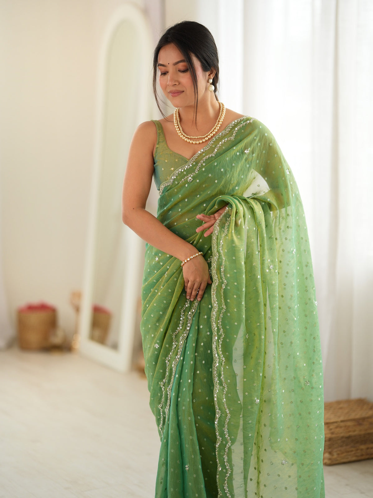 Lime Green Georgette saree – detail view 3