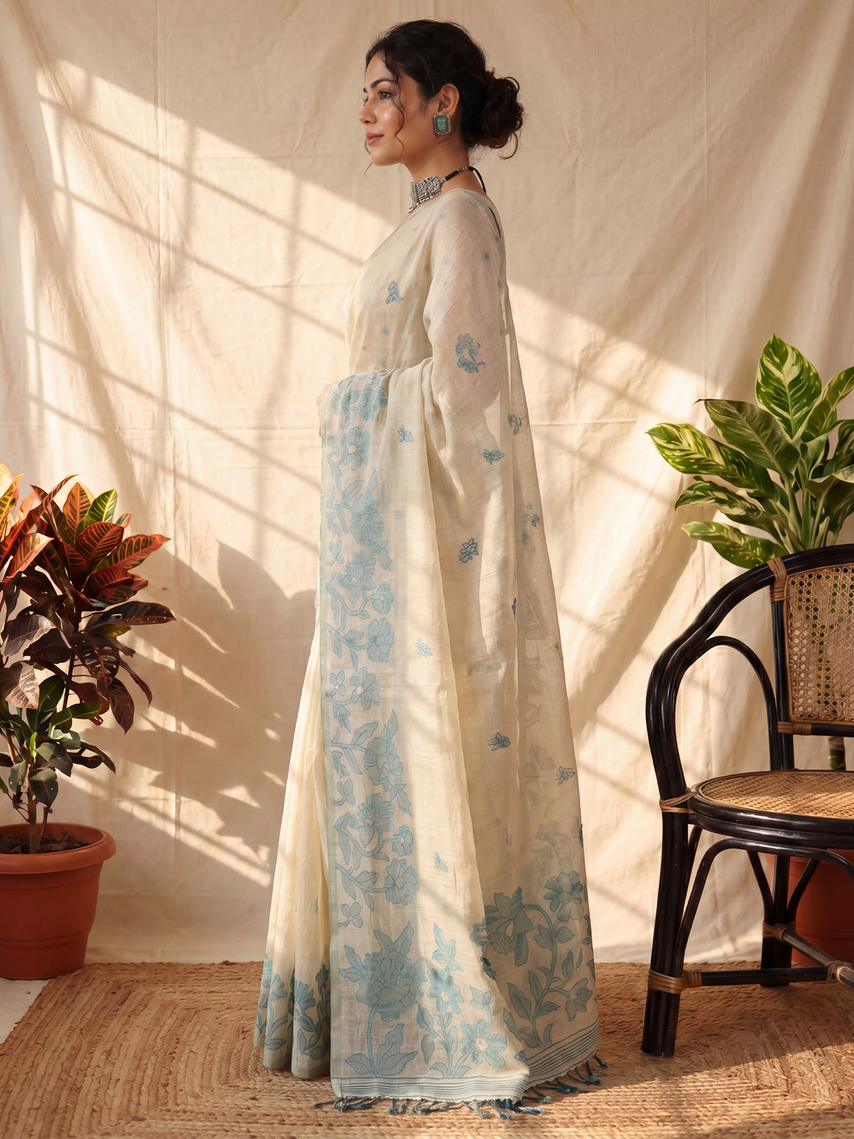 Cream Chanderi Cotton saree – detail view 2