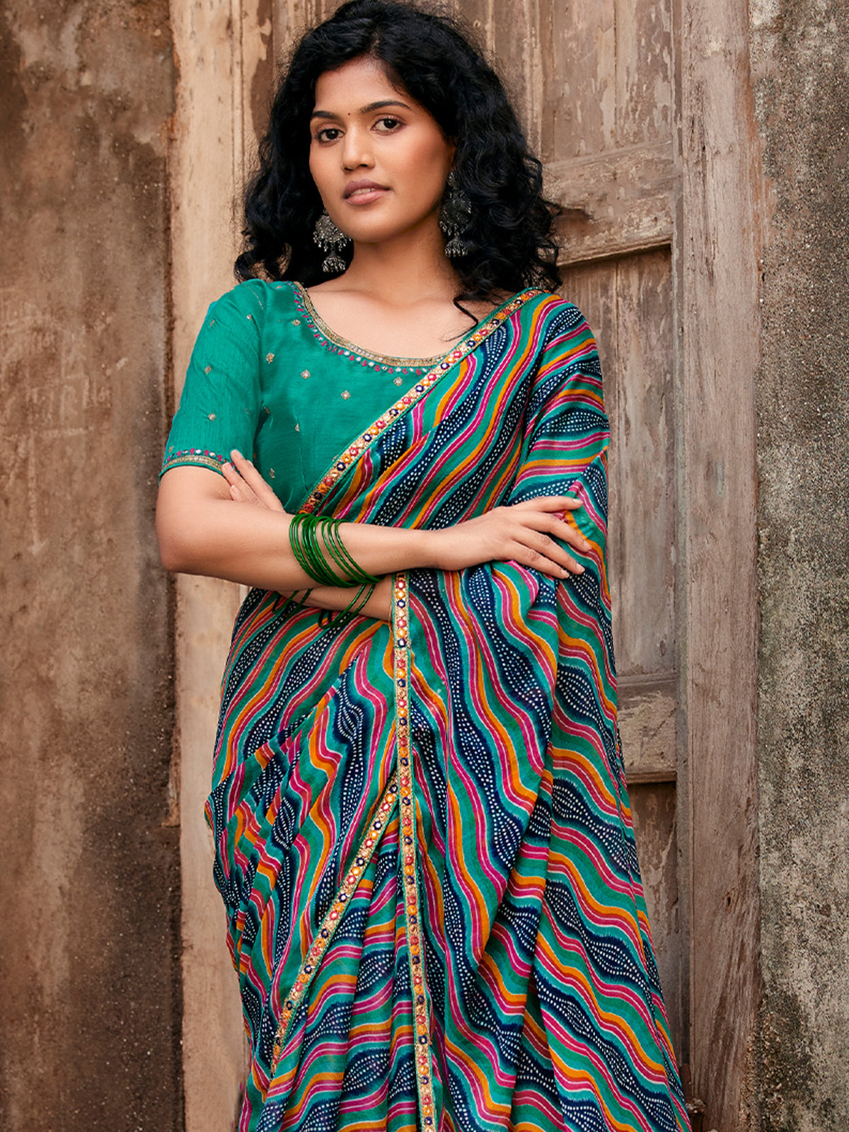 Teal Blue georgette saree view 2