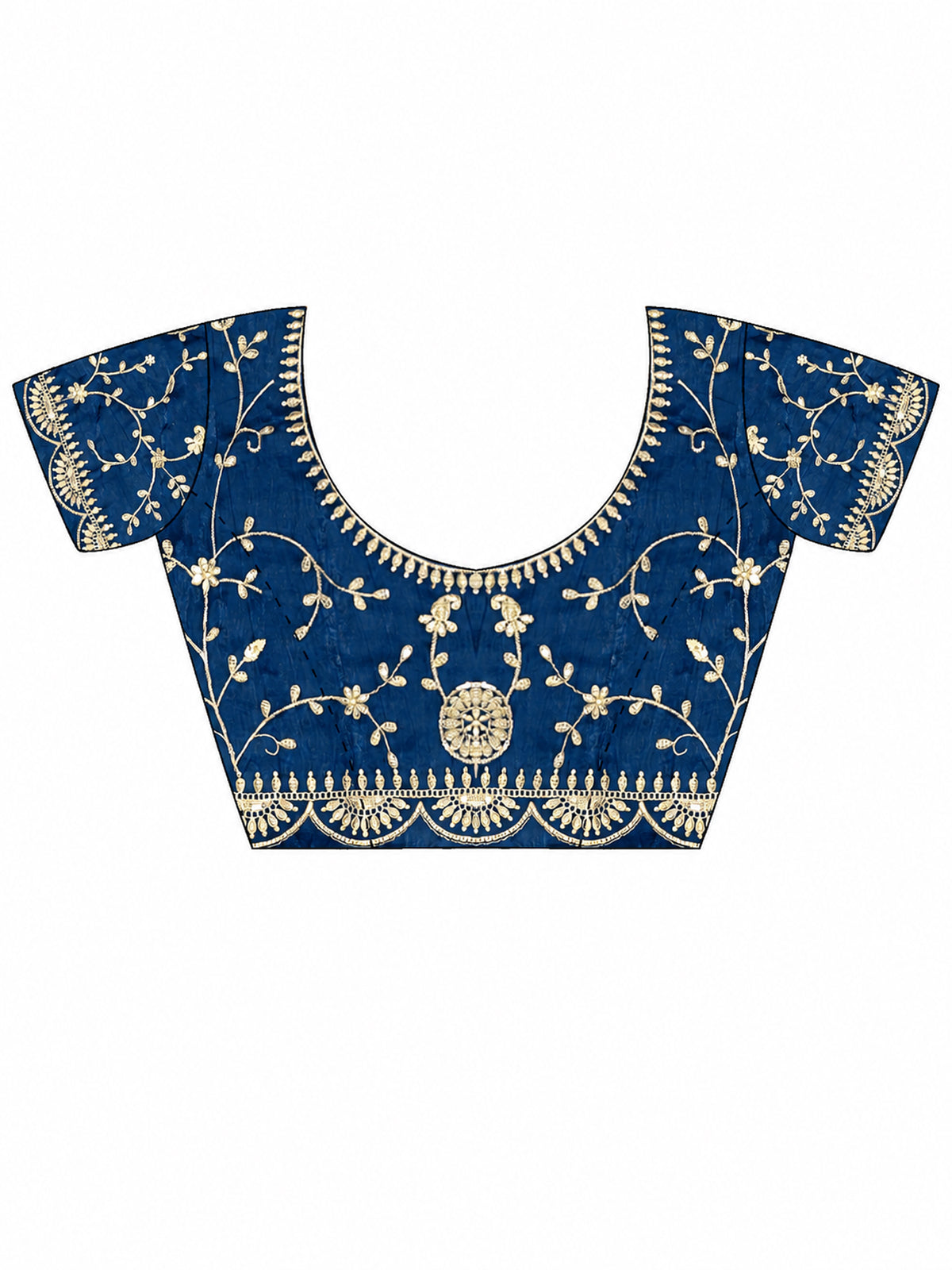 Unstitched teal blue satin silk blouse piece with embellished design